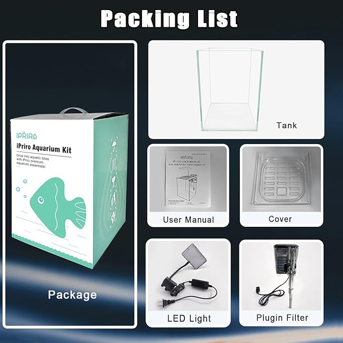 Ultra White Glass Betta Aquarium Starter Kits 1.5 Gallon Small Fish Tank, Betta Fish Tank with LED Light, Power Filter, 4mm Glass iPriro