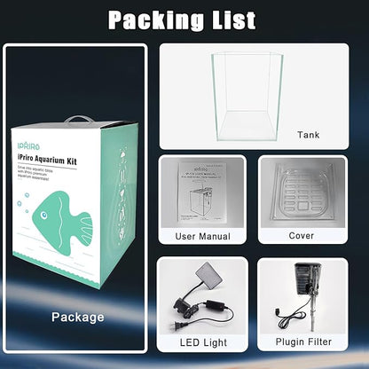 Ultra White Glass Betta Aquarium Starter Kits 1.5 Gallon Small Fish Tank, Betta Fish Tank with LED Light, Power Filter, 4mm Glass iPriro