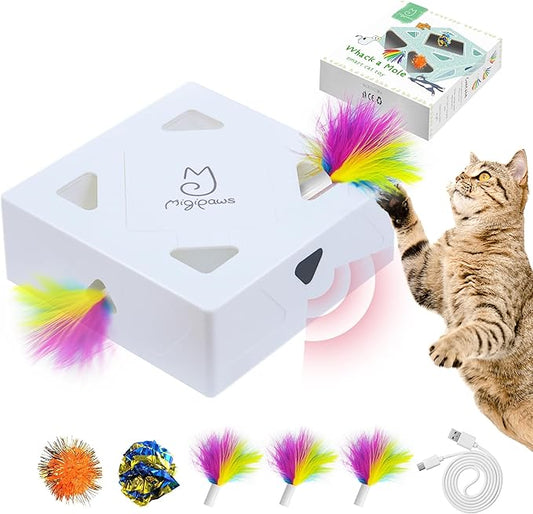 Migipaws Cat Toys, Interactive Automatic 7 Holes Mice Whack-A-Mole, Ultra Fun Smart Teaser Toy for Indoor Cats, USB Rechargeable, 4 Pieces Feather Refills… - PAWPICO