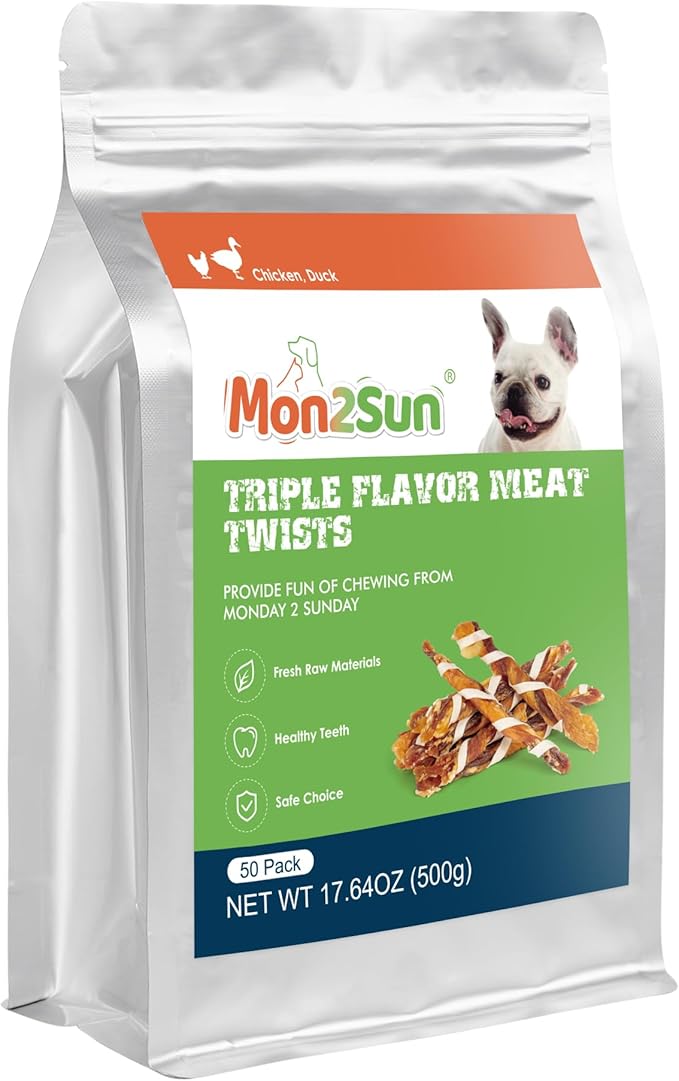 MON2SUN Dog Treats, Triple Flavor Jerky Twist Sticks, 4.5-5 Inch Chicken Duck and Codfish Sticks Dog Chews for Small Dogs, Healthy Dog Snacks, 17.64 oz (50 Count-Pack of 1) - PAWPICO