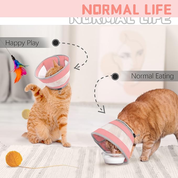 Cat Cone, Breathable Cat Cone Collar Soft, Adjustable Cat Cone to Stop Licking, Water Resistant Neck Cone for Cats with Air Mesh, Protective Cat Recovery E Collar for Cat Kitten（Pink,M-2 GoGoPaw