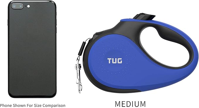 TUG 360° Tangle-Free Retractable Dog Leash with Anti-Slip Handle | 16 ft Strong Nylon Tape | One-Handed Brake, Pause, Lock (Medium, Blue) TUG
