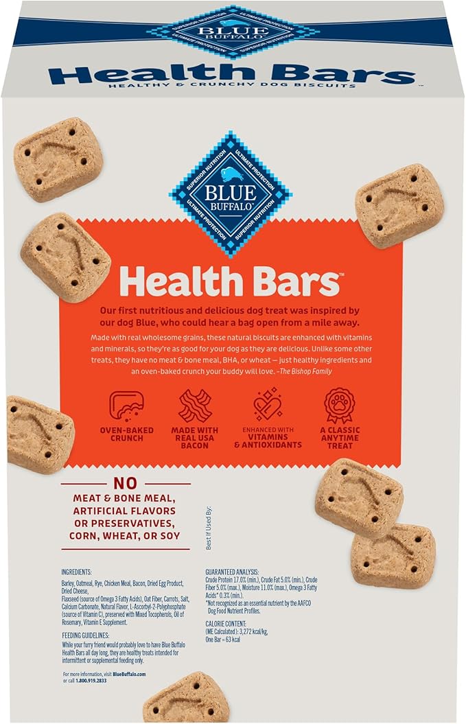 Blue Buffalo Mini Health Bars Crunchy Dog Biscuits, Oven-Baked With Natural Ingredients, Bacon, Egg & Cheese, 2-lb Box - PAWPICO
