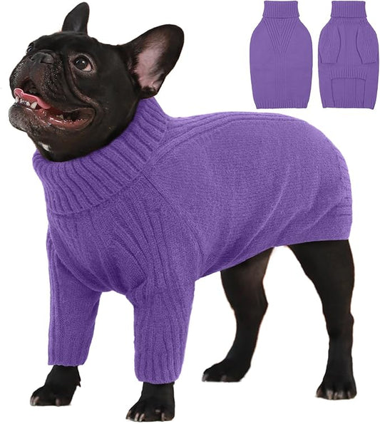 IECOii Large Dog Sweater,Pet Dog Sweaters for Large Dogs Boy,Thanksgiving Fall Doggie Sweatshirt,Turtleneck Thick Warm Girl Dog Sweater,Winter Knitwear Clothes for Corgi,French Bulldog(Purple,L) - PAWPICO