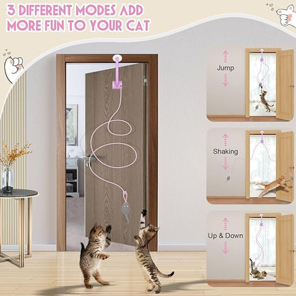 Cat Toy Interactive for Indoor Cats, Smart USB Rechargeable Door Hanging Automatic Retractable Kitten Toys, Teaser Electronic Self Play Feather Cat String Toys Attached with 3 Catnip Mice Pink - PAWPICO