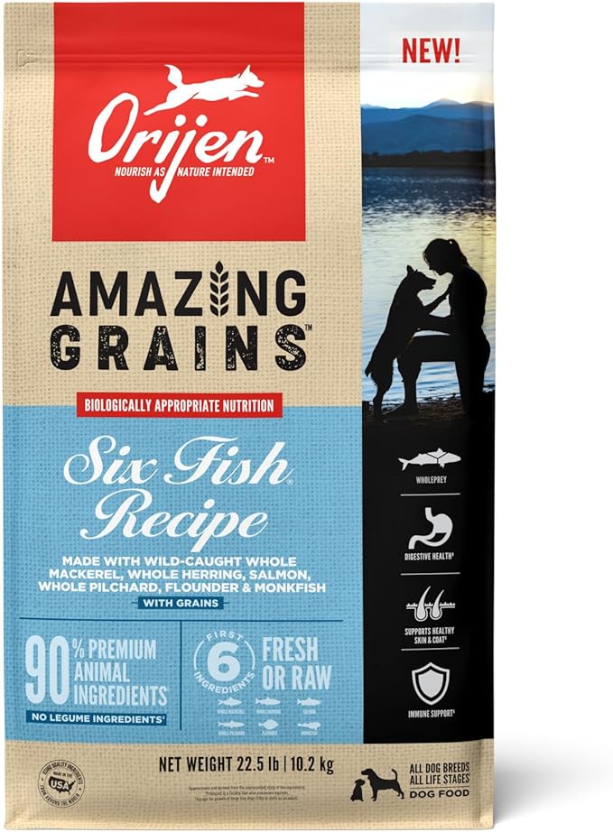 ORIJEN Amazing Grains Six Fish Recipe Dry Dog Food, High Protein Dog Food, Fresh or Raw Ingredients, 22.5lb - PAWPICO