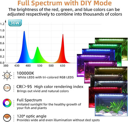 hygger LED Aquarium Light, 36W Full Spectrum Fish Tank Light with Multi-Color Timer DIY Mode 24/7 Natural Mode Adjustable Brightness, Aquarium Plant Light with Extendable Brackets for 36~41IN Tank hygger