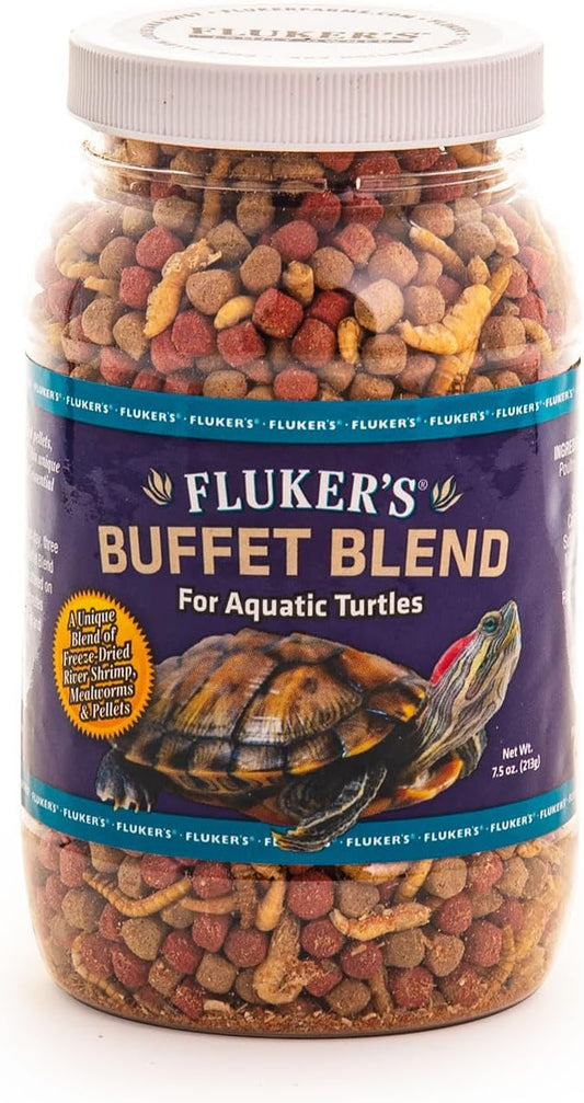 Fluker's Buffet Blend Aquatic Formula, Turtle Food with Freeze, Dried Shrimp, Mealworms, and Vitamin Enriched Pellets, 7.5 oz Flukers