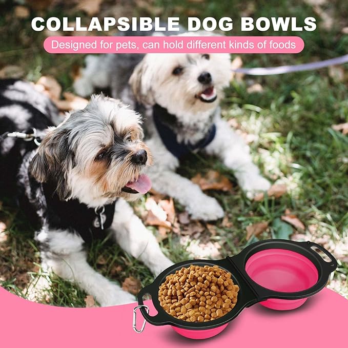 Collapsible Silicone Cat and Dog Travel Bowls,2 in 1 Foldable Pet Feeding and Watering Dish for Walking Camping Hiking with Carabiner (Rose Red) - PAWPICO
