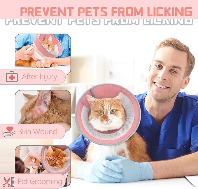 Cat Cone, Breathable Cat Cone Collar Soft, Adjustable Cat Cone to Stop Licking, Water Resistant Neck Cone for Cats with Air Mesh, Protective Cat Recovery E Collar for Cat Kitten（Pink,M-8 GoGoPaw