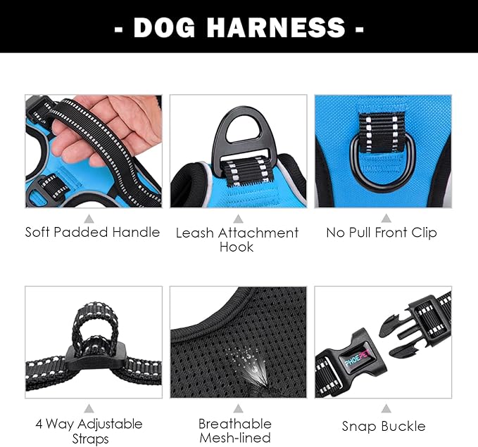 PHOEPET Reflective Dog Harness Large Breed Adjustable No Pull Vest with Handle 2 Metal Rings 3 Buckles [Easy to Put on & Take Off](L, Blue) - PAWPICO