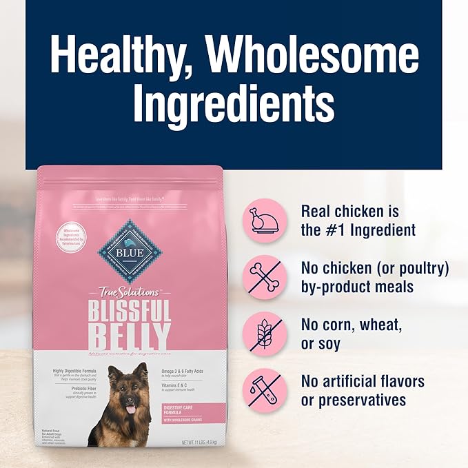 Blue Buffalo True Solutions Blissful Belly Digestive Care Natural Dry Food for Adult Dogs, Chicken, 11-lb Bag - PAWPICO