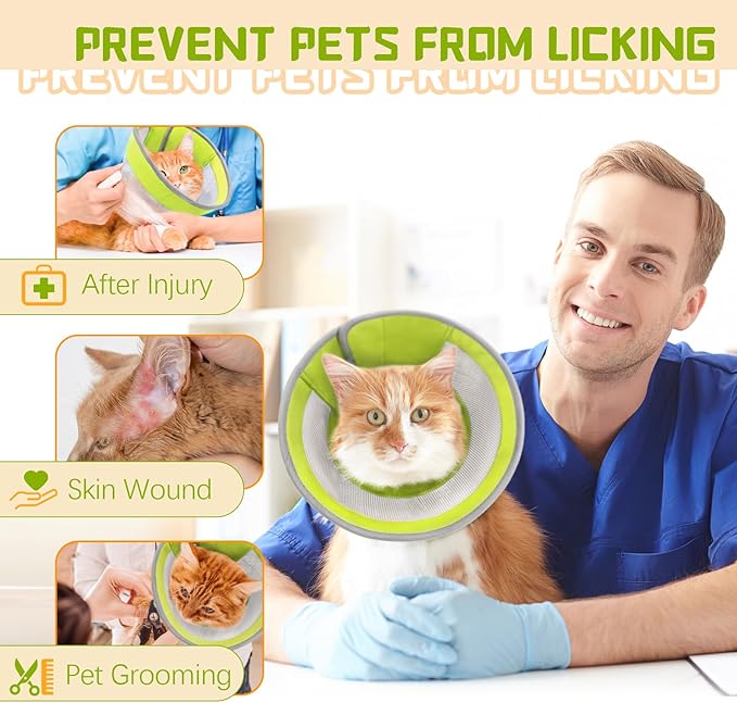Cat Cone, Breathable Cat Cone Collar Soft, Adjustable Cat Cone to Stop Licking, Water Resistant Neck Cone for Cats with Air Mesh, Protective Cat Recovery E Collar for Cat Kitten（Green, S-2 GoGoPaw