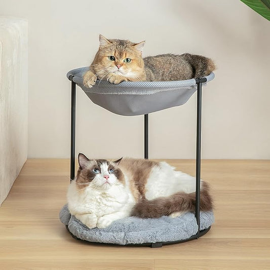 Double Cat Bed for 2 Cats Breathable Elevated Cat Beds for Indoor Cats, Round Fluffy Plush Cat Beds,18 x 16.5 x 16.5 Inch Cat Hammock Washable, Easy Assembly Cat Hammock for Multi-cat Household - PAWPICO