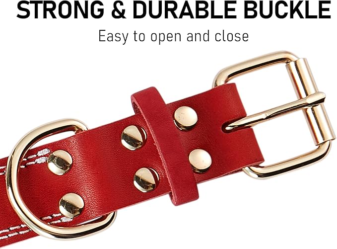 Genuine Leather Dog Collar,Heavy Duty Dog Collar,Valentines Dog Collar for Small Dog,Medium Dog,Large Dog and Extra Large Dog (XL: 1.4" Wide for 18.6"-25.8" Neck,Dual Stitch - Red) DAIHAQIKO