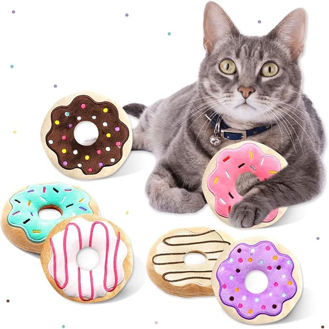 6 Pack Donut Cat Catnip Toys Kitten Chew Knickknack Sprinkles Interactive Pillows Teeth Grinding Catmint Plush Plaything Kitty Birthday Ideas Supplies 4 Inches - PAWPICO