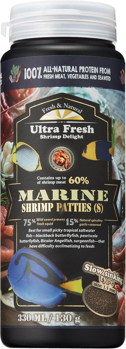 Ultra Fresh Marine Fish Food, 75% Sword Prawns + Squids, Natural Protein, Color Enhancement, for Small Saltwater Fish, Marine Shrimp Patties S 4.56oz UltraFresh-ShrimpDelight
