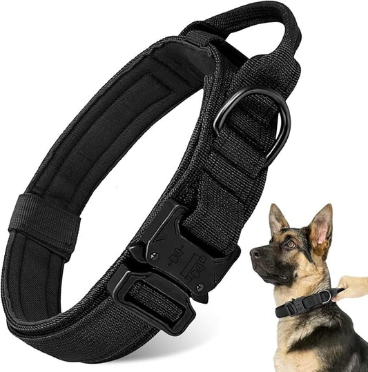 Tactical Dog Collar - Military Dog Collar, Adjustable Heavy Duty Metal Buckle Nylon Dog Collar with Control Handle for Small Medium Large Dogs (Black, XL) ANTSWISH