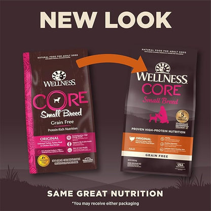 Wellness Natural Pet Food CORE Natural Grain-Free Small Breed Turkey & Chicken Dry Dog Food for Adult Dogs, High-Protein, USA-Made with Real Meat, 12-Pound Bag - PAWPICO