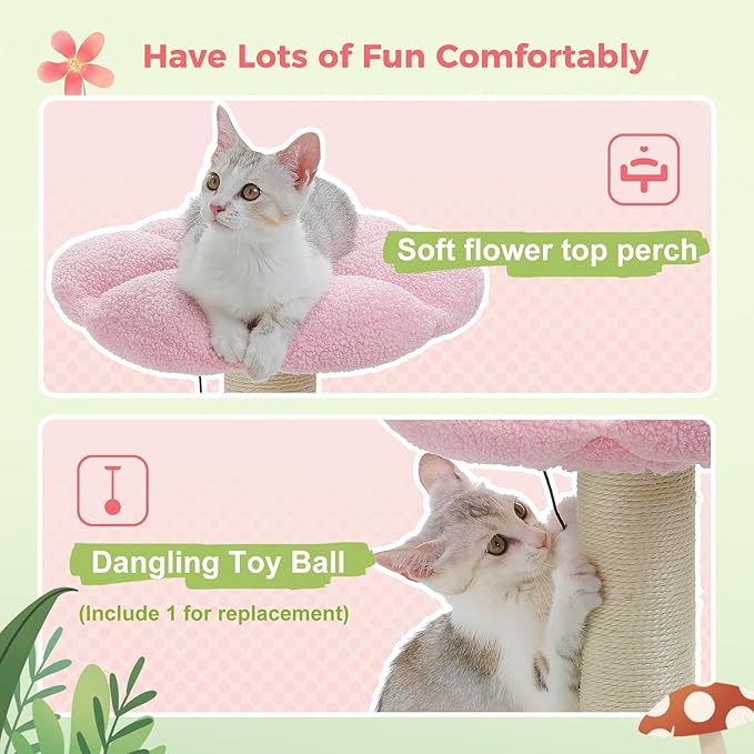PETEPELA Cat Scratching Post, Mushroom Cat Scratcher Cute Cat Tree Tower with Thick Scratching Post & Removable Flower Cat Bed [Dia=15.7''], Tall Cat Post for Kittens and Indoor Small Cats, Pink - PAWPICO