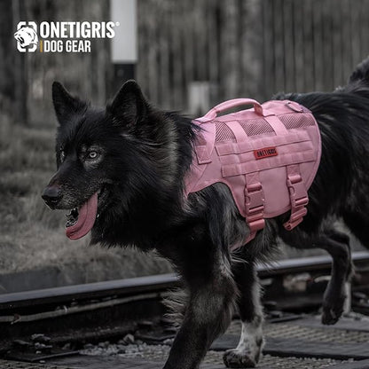 OneTigris Tactical Dog Harness for Small Dog, No Pull Small Dog Vest Harness with Handles Breathable Military Dog Molle Vests, Harness for Walking Hiking Training (Pink, Small) - PAWPICO