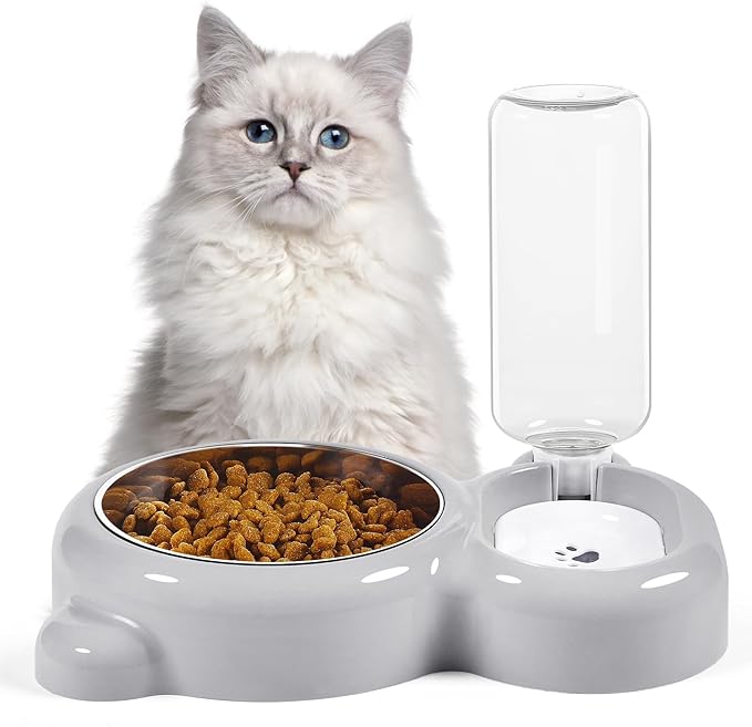 Dog Bowls, Cat Food and Water Bowl Set with Water Dispenser and Stainless Steel Bowl for Cats and Small Dogs - Grey - PAWPICO