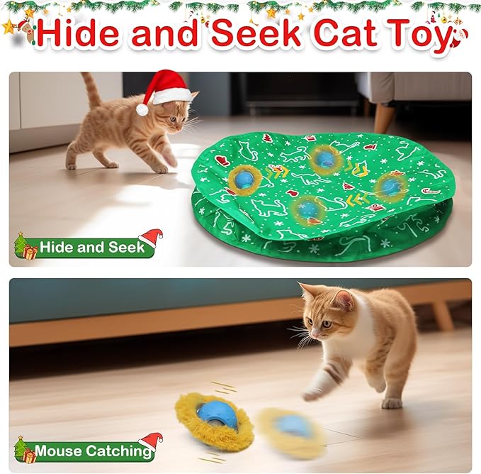 Interactive Cat Toys Ball Fast Rolling in Christmas Pocket, Motion Activate Chirping Cat Toy Hide and Seek Mouse Catching Game (Christmas Party) - PAWPICO