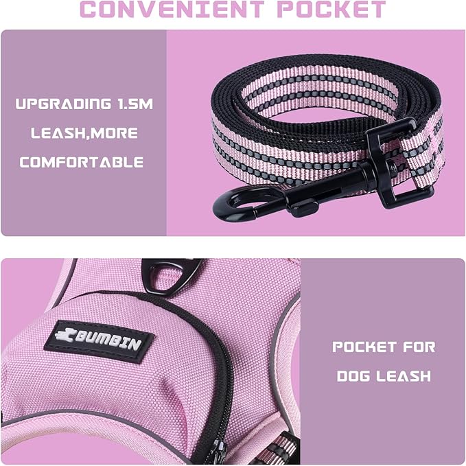 BUMBIN Dog Harness for Large Dogs, No Pull Adjustable No Choke Pet Vest with Dog Leash Fit Smart Reflective Pet Walking Harness for Training Easy Control Soft Handle Pink M BUMBIN