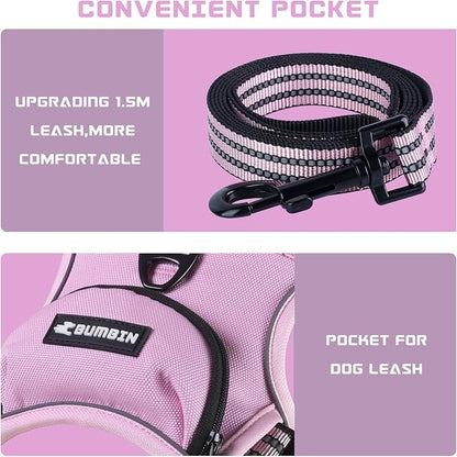 BUMBIN Dog Harness for Large Dogs, No Pull Adjustable No Choke Pet Vest with Dog Leash Fit Smart Reflective Pet Walking Harness for Training Easy Control Soft Handle Pink M BUMBIN