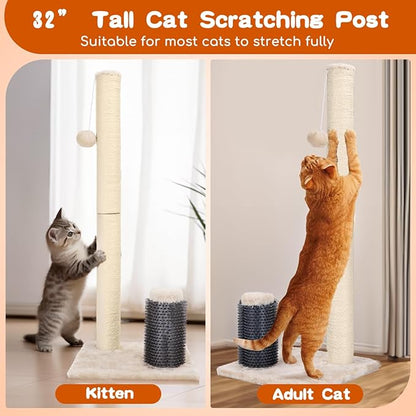 Nobleza 32” Tall Cat Scratch Post with Self Massage Brush, Natural Sisal Rope Cat Scratching Post for Indoor Cats, Stable Cat Scratcher Posts for Kittens Large Cats with Dangling Ball, Light Brown - PAWPICO