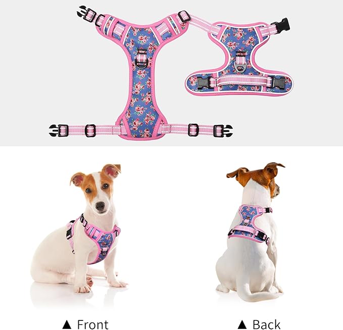 Timos Dog Harness, No-Pull Pet Harness with 2 Leash Clips, Adjustable Soft Padded Dog Vest, Reflective Outdoor Pet Oxford Vest with Easy Control Handle Pink Blue Timos