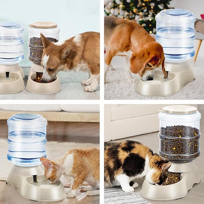 2 Pack Automatic Cat Feeder and Water Dispenser in Set Pet Food Bowl for Small Medium Dog Pets Puppy Kitten Big Capacity 1 Gallon x 2 (Cream) - PAWPICO