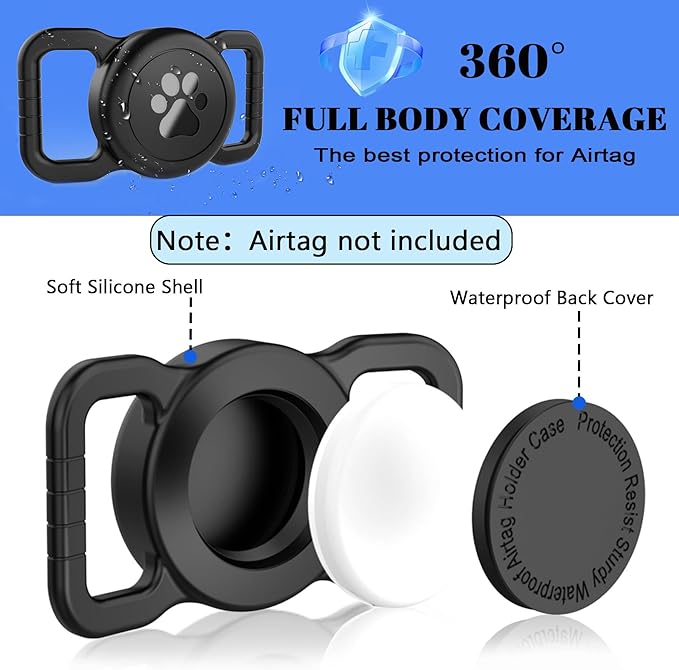 SANKALA Airtag Dog Collar Holder, [1 Pack] Waterproof Dog Airtag Holder, Silicone Full Body Covered Anti-Lost Protective Apple Air Tag Holder for Pet Collar - Fits All Width Collars, Black SANKALA