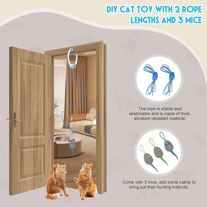 Cat Toy Interactive for Indoor Cats, Smart USB Rechargeable Door Hanging Automatic Retractable Kitten Toys, Teaser Electronic Self Play Feather Cat String Toy Attached with 3 Catnip Mice White - PAWPICO