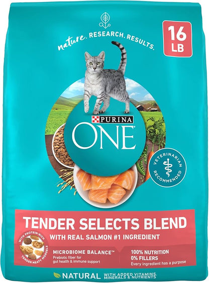 Purina ONE Natural Dry Cat Food, Tender Selects Blend With Real Salmon - 16 lb. Bag - PAWPICO