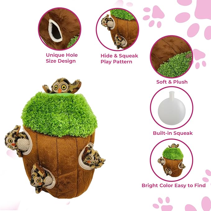 Owl in Tree Hide and Seek Dog Toy for Small and Medium Size Dogs, Plush Owl Inside Trunk Dog Toy with Squeaker, Interactive Burrow Dog Toy (Tree with Owls, Medium) - PAWPICO