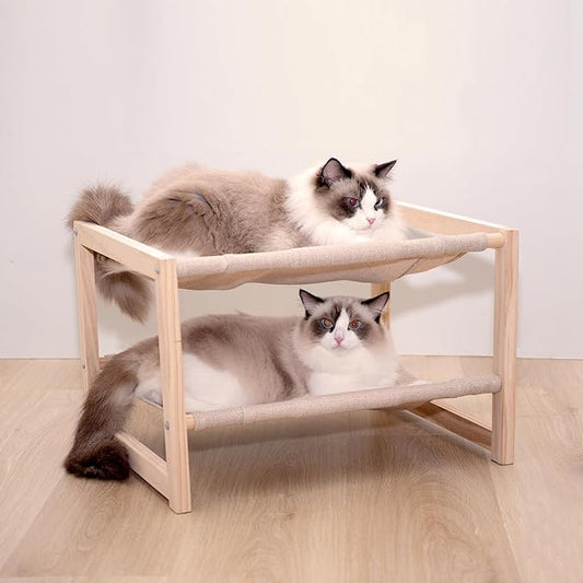 2 Tier Cat Hammock Bed, Elevated Wooden Pet Bunk Beds for Indoor Cats, Double Wooden Cat Bed, Solid Wood Raised Hanging Bed for 1 or 2 Cats Breathable Washable Covers - PAWPICO