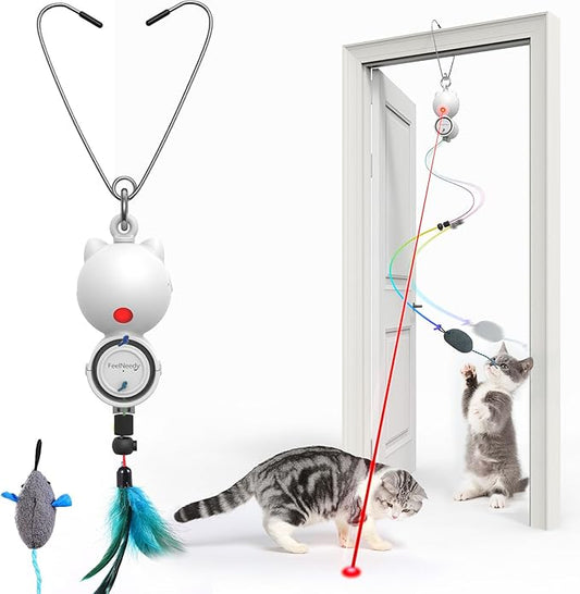 Interactive Cat Toys LED Light Hanging Cat Toys for Indoor Cats, Cat Wand Toy Cat Feather Toy, Feather & Mouse Cat Toys for Bored Adult Cats Kitten Exercise, White - PAWPICO