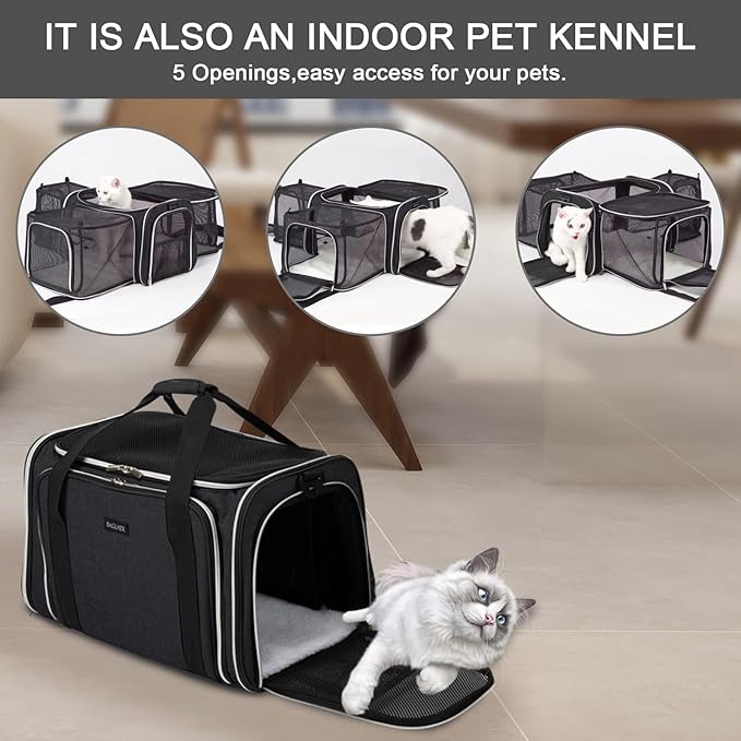 BAGLHER Cat Carrier Bag,Airline Approved Pet Carrier Soft Side Pet Travel 5 Sides Open Doors 3 Sides Expandable Foldable Dog Carrier with Fleece Pad - PAWPICO