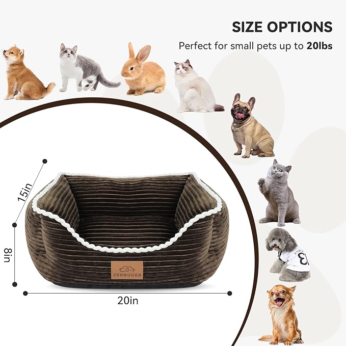 Cat Dog Bed for Pets, Rectangle Pet Bed Gift for Puppy and Kitten, Machine Washable Calming Fluffy Pet Couch Sofa for Indoor Outdoor, Portable Soft Cat Bed with Non-Slip Bottom (Small, Brown) - PAWPICO
