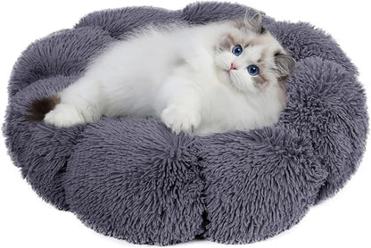 Cat Bed Cute, 23.6" Washable Grey Donut Bed for Indoor Cats and Small Dogs, Soft Cute Flower Fluffy Round Donut Cat Beds, Anti Anxiety Pet Bed, Self-Warming Bed, Dark Grey - PAWPICO