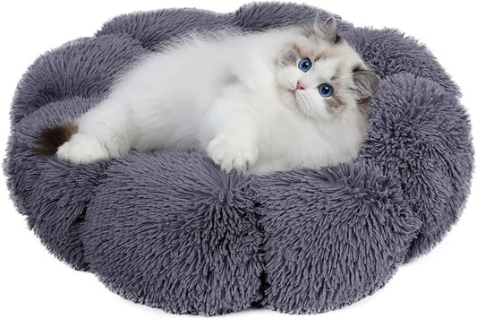 Cat Bed Cute, 23.6" Washable Grey Donut Bed for Indoor Cats and Small Dogs, Soft Cute Flower Fluffy Round Donut Cat Beds, Anti Anxiety Pet Bed, Self-Warming Bed, Dark Grey - PAWPICO
