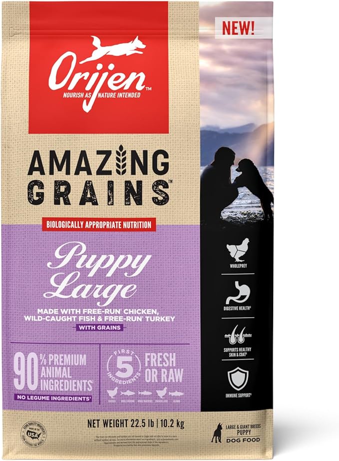 ORIJEN Amazing Grains Puppy Large Dry Dog Food, High Protein Dog Food for Large and Giant Puppy Breeds, Fresh or Raw Ingredients, 22.5lb - PAWPICO