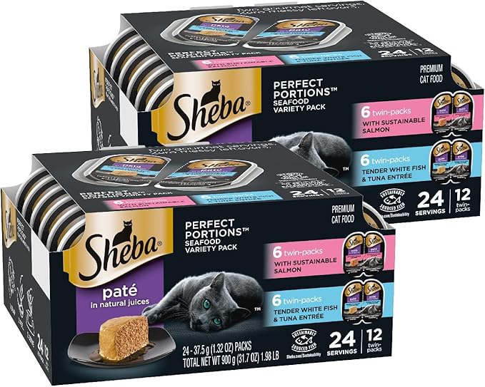 Sheba Perfect Portions Wet Cat Food Pate With Sustainable Salmon and Tender Whitefish & Tuna Entree Variety Pack, 2.6 oz., Twin-Pack Trays (12 Count, 24 Servings) (Pack of 2) - PAWPICO