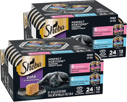 Sheba Perfect Portions Wet Cat Food Pate With Sustainable Salmon and Tender Whitefish & Tuna Entree Variety Pack, 2.6 oz., Twin-Pack Trays (12 Count, 24 Servings) (Pack of 2) - PAWPICO