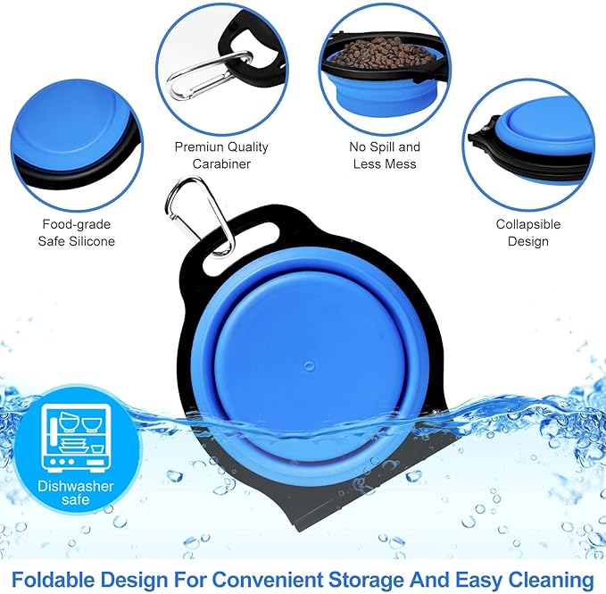 Collapsible Silicone Cat and Dog Travel Bowls,2 in 1 Foldable Pet Feeding and Watering Dish for Walking Camping Hiking with Carabiner (Blue) - PAWPICO