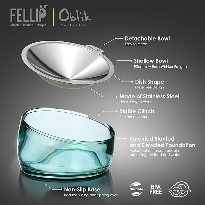 Felli Pet Oblik Whisker Fatigue Cat Bowl Raised Stainless Steel Shallow Dish, Tilted Anti Vomit Non Spill Wide Metal Plate for Puppy Small Dog, Slanted Dry Wet Food Feeder Elevated (0.5Cup, Classic) - PAWPICO