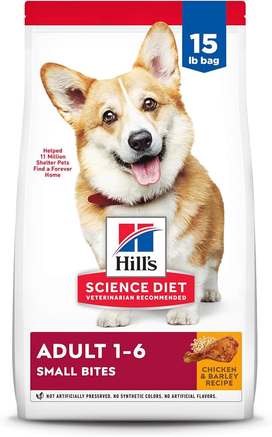 Hill's Science Diet Adult 1-6, Adult 1-6 Premium Nutrition, Small Kibble, Dry Dog Food, Chicken & Barley, 15 lb Bag - PAWPICO