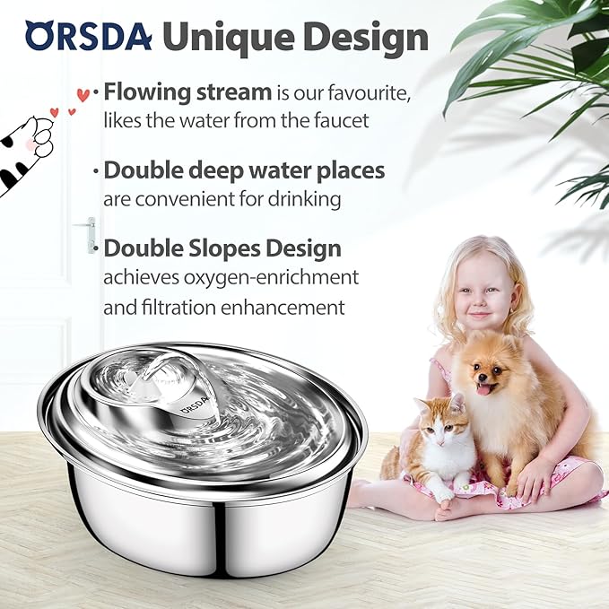 ORSDA Cat Water Fountain Stainless Steel, 3L Automatic Pet Drinking Fountain for Cats Inside, Dog Water Dispenser with Adjustable Water Flow and 6 Replacement Filters for Cats, Dogs - PAWPICO