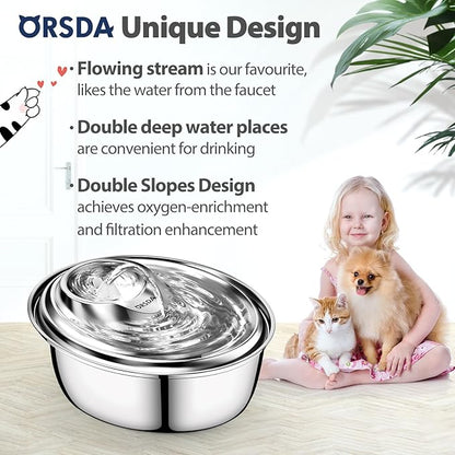 ORSDA Cat Water Fountain Stainless Steel, 3L Automatic Pet Drinking Fountain for Cats Inside, Dog Water Dispenser with Adjustable Water Flow and 6 Replacement Filters for Cats, Dogs - PAWPICO